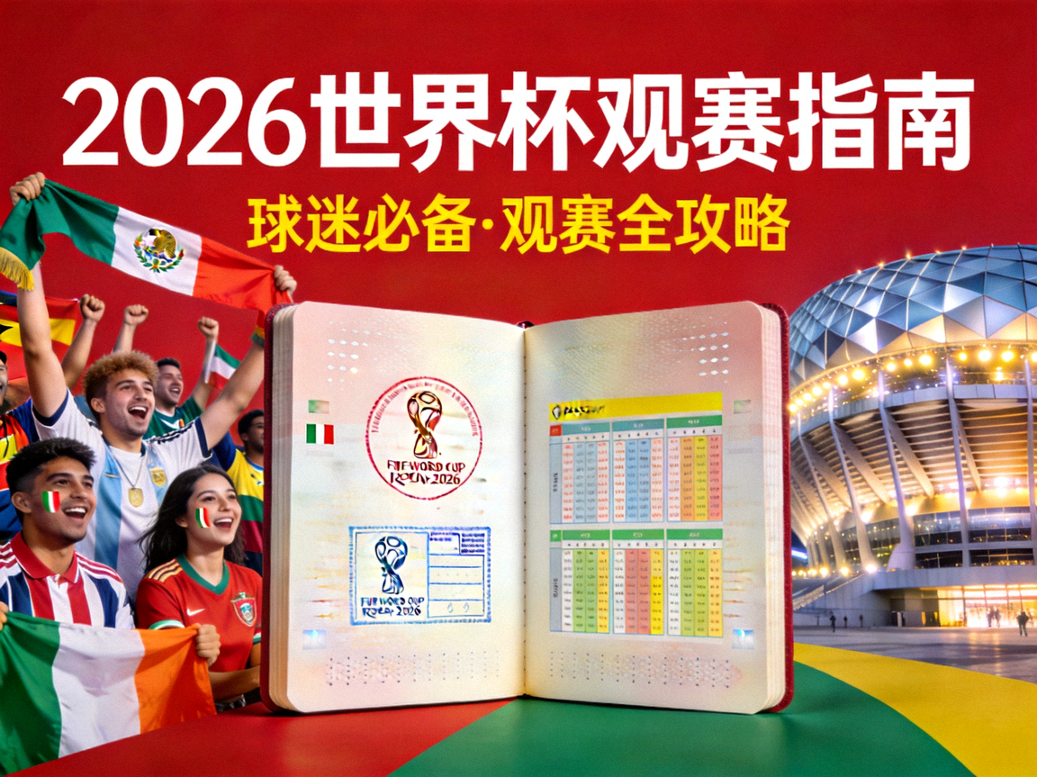 2026世界杯观赛指南封面图，展示球迷、护照与体育场元素