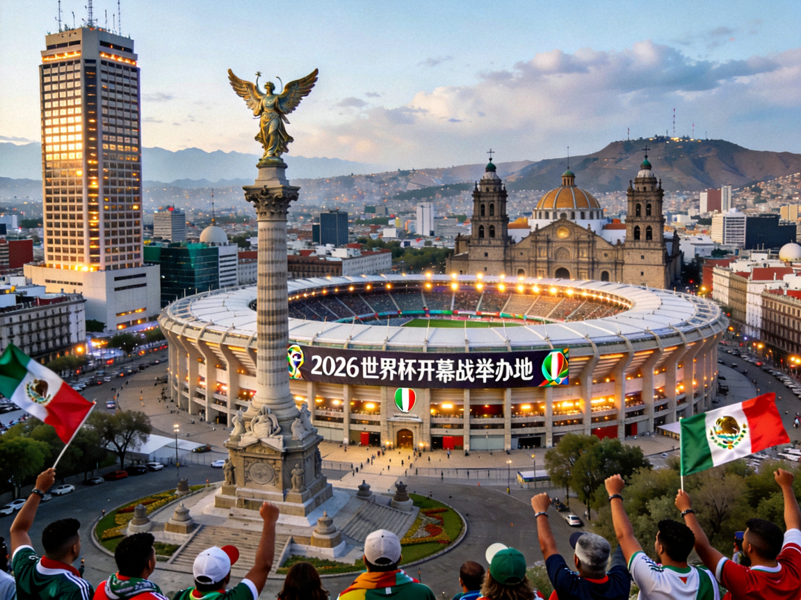 墨西哥城地标与阿兹特克体育场外景，2026世界杯开幕战举办地