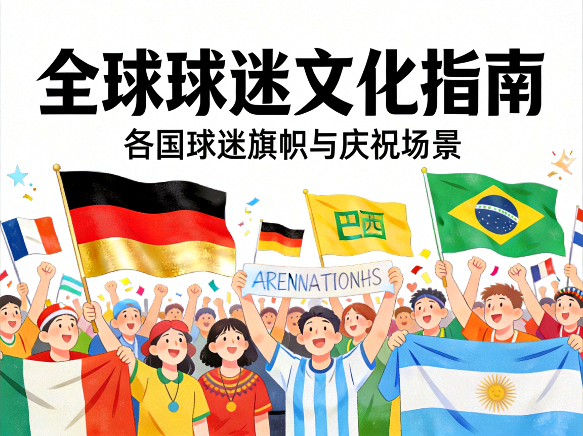 球迷文化指南插图，展示各国球迷旗帜与庆祝场景